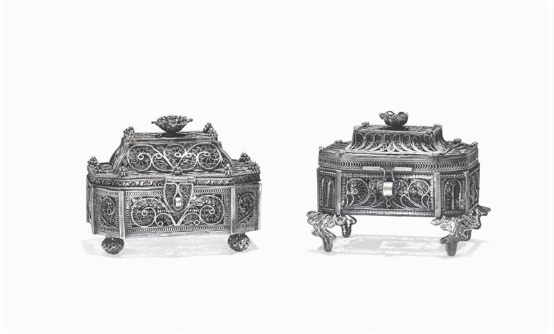Due spice-boxes (besamin) in filigrana d'argento, est Europa o Russia XIX secolo  - Asta Antiquariato - I - Cambi Casa d'Aste