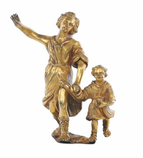 Scultura in bronzo fuso, cesellato e dorato raffigurante Tobiolo e l'Angelo, fonditore del XVII secolo