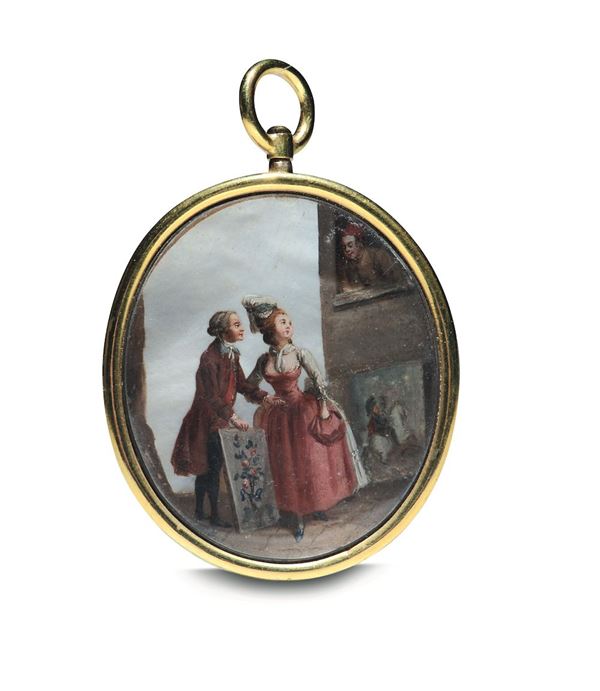 Pendente ovale in argento dorato con al centro miniatura su madreperla con scene di genere. XVIII secolo