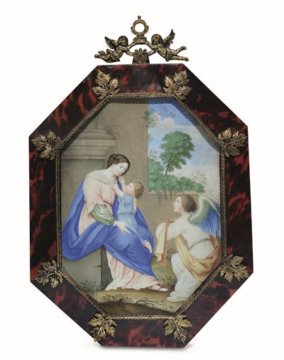 Dipinto a Tempera su Pergamena di Forma Ottagonale Raffigurante Madonna con Bambino ed Angelo. Ro...