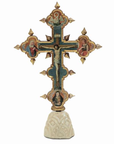 Croce Astile Polilobata in Legno Dipinto con Crocifissione e Santi, Scuola Dell'italia Centrale d...