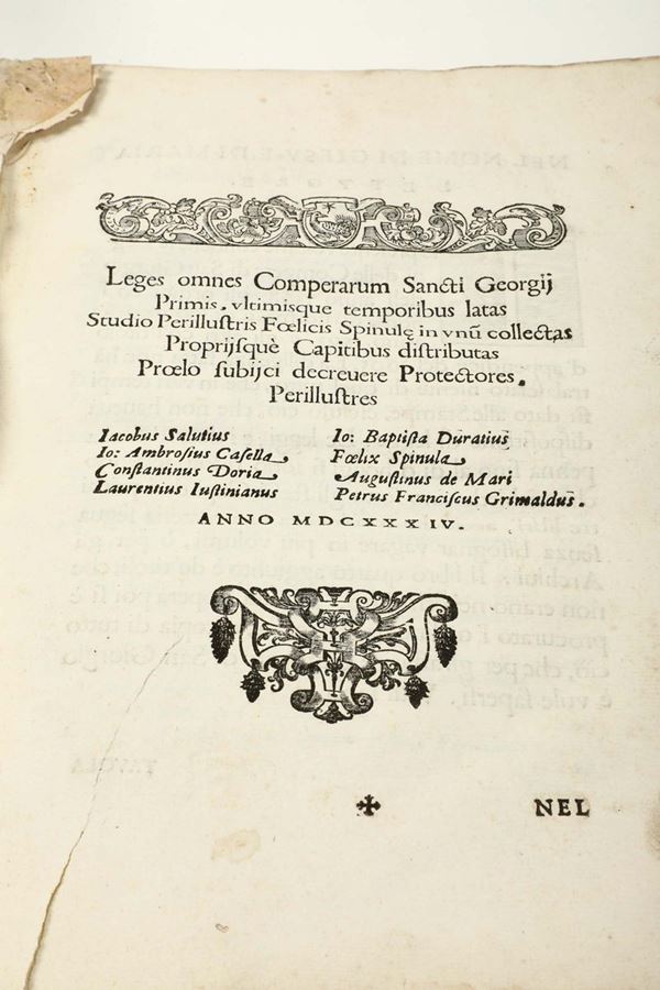 Economia - Banco di S.Giorgio-Genova Leggi delle Compere di San Giorgio..Genova,Pavoni, 1634..