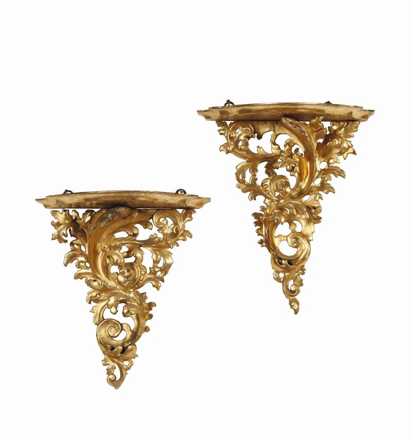 Coppia di mensoline in legno intagliato e dorato, XIX secolo  - Asta Antiquariato - Cambi Casa d'Aste