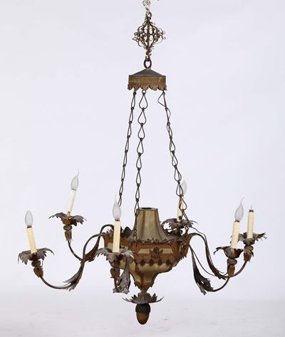 Lampadario in Metallo Dipinto a Sei Luci, XIX Secolo