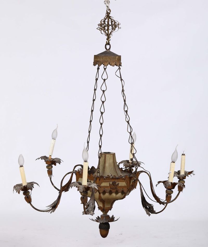 Lampadario in metallo dipinto a sei luci, XIX secolo  - Asta Antiquariato - Cambi Casa d'Aste