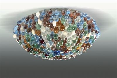 Plafoniera con Struttura in Metallo ed Elementi Diffusori in Vetro di Murano.