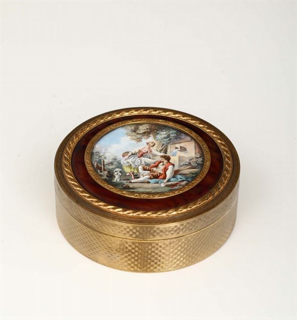 Grande scatola in rame dorato, tartaruga e miniatura, Francia XIX-XX secoio