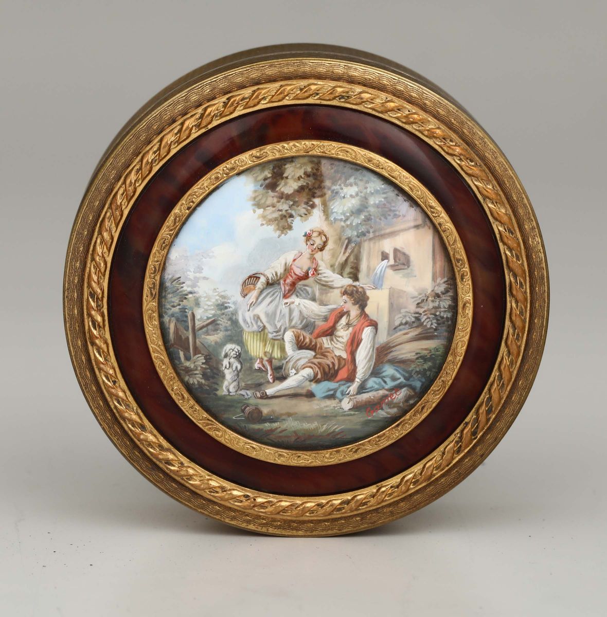 Grande Scatola in Rame Dorato, Tartaruga e Miniatura, Francia XIX-XX Secoio