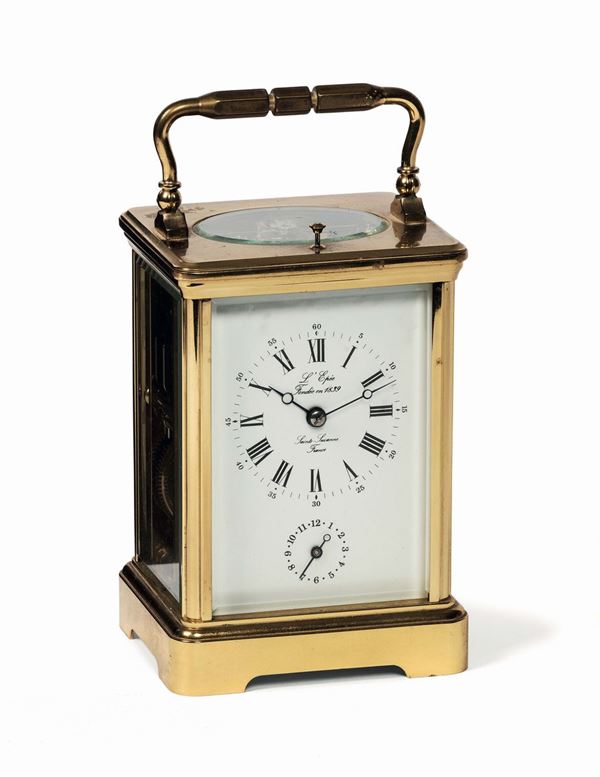L'Epee, France. Fine, gilt brass, 8 day going and alarm  carriage clock. Made circa 1980. Accompanied by the original box, Guarantee and key