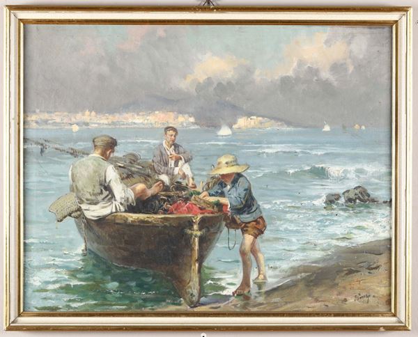 Giovanni Panza (1894 - 1989) Barca con pescatori e con lo sfondo Napoli vista da Posillipo