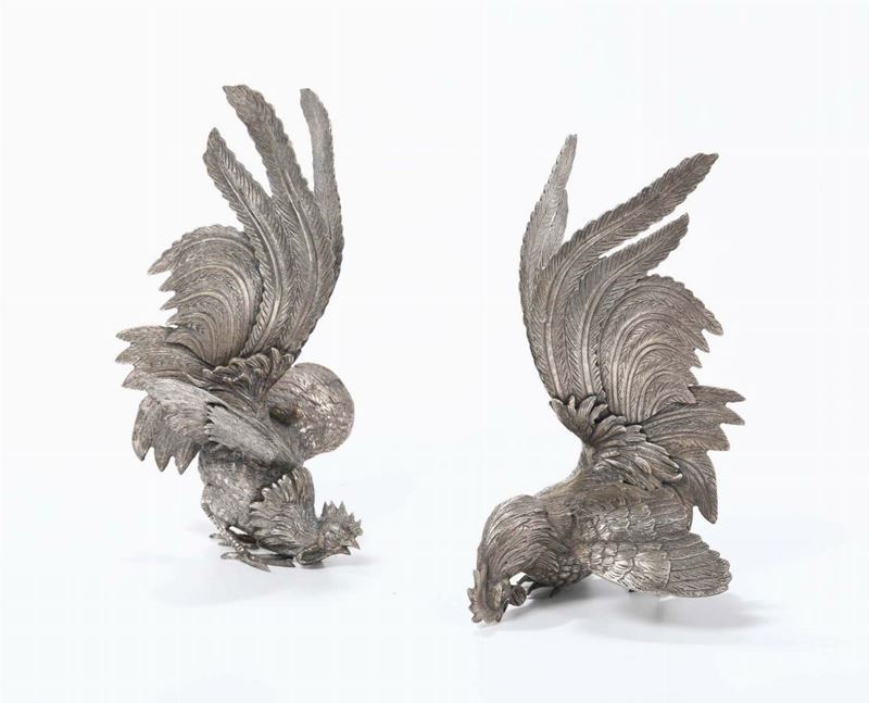 Coppia di galli in metallo argentato  - Asta Asta a Tempo antiquariato - II - Cambi Casa d'Aste