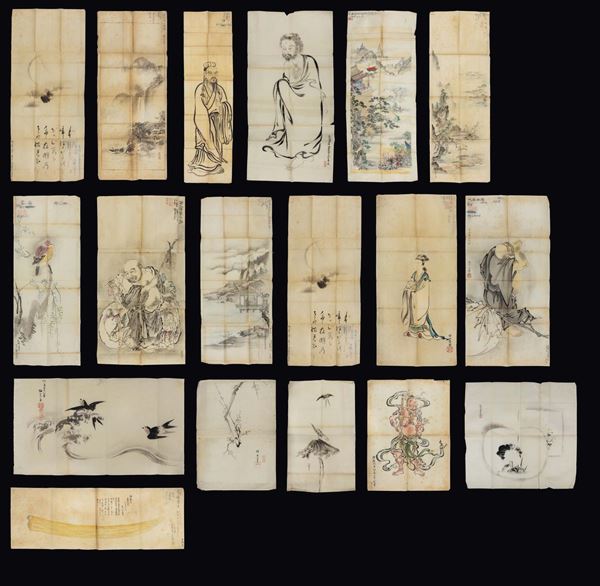Eighteen painting on paper with inscriptions depicting landscapes, figures and naturalistic decorations, China, Qing Dynasty, late 19th/ early 20th century