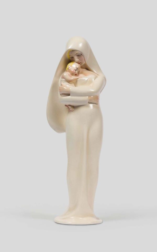 Lenci, Torino, 1930 ca. A figure of a Madonna with Child in earthenware ceramic decorated with polychrome varnishes