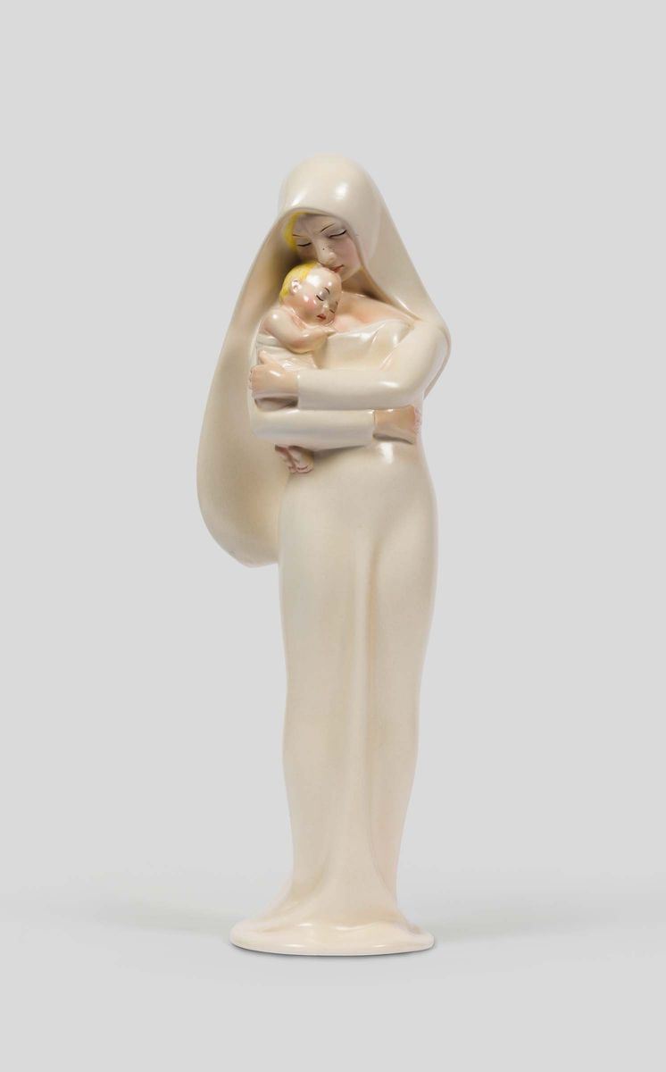 Lenci, Torino, 1930 ca. A figure of a Madonna with Child in earthenware ceramic decorated with polychrome varnishes  - Auction 20th Century Decorative Arts - I - Cambi Casa d'Aste