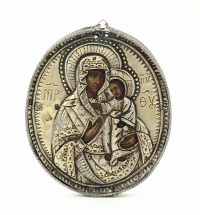 Icona Raffigurante Madonna “hodighitria” con Riza in Argento, Mosca XIX Secolo