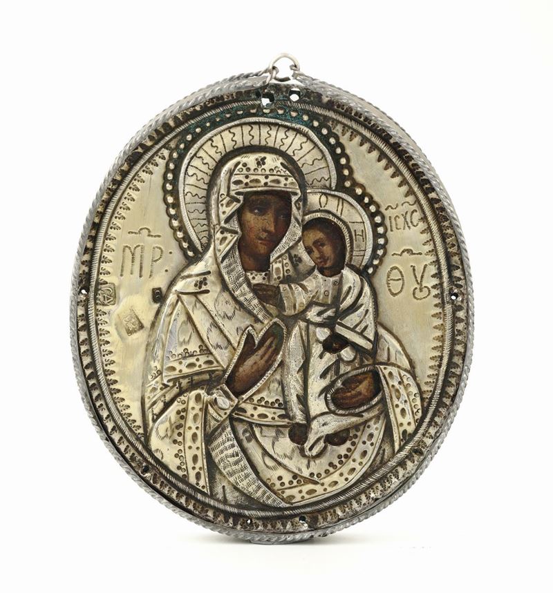 Icona raffigurante Madonna “Hodighitria” con riza in argento, Mosca XIX secolo  - Asta Argenti da Collezione - Cambi Casa d'Aste