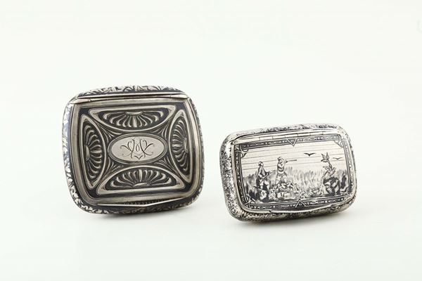 Two tobacco boxes in silver and niello, Hungary 19th-20th century