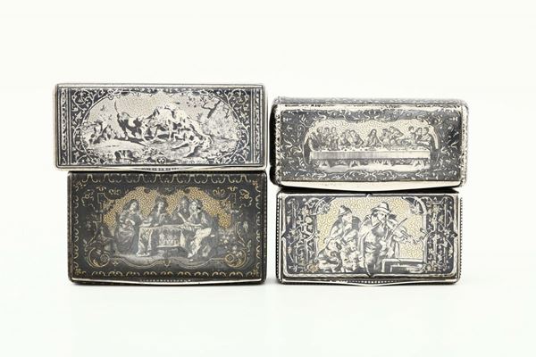 A group of tobacco boxes in silver and niello. Two from France 19th-20th century, two with unidentified stamps