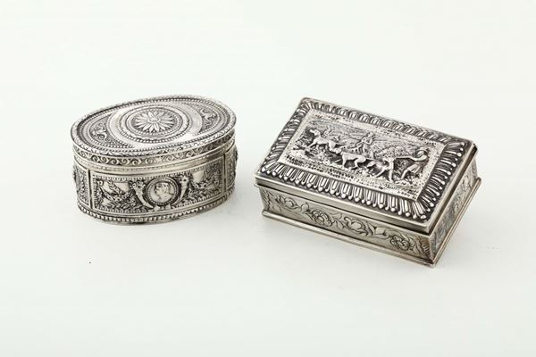 Two silver tobacco boxes, one from London 1899, one with fantasy British stamps (Hanau?)