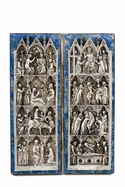 Dittico Raffigurante Episodi della Vita di Cristo in Argento Fuso, Cesellato e Lapislazzulo. Oref...