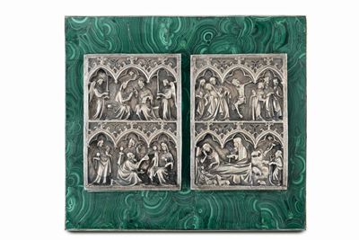 Placca in Argento e Malachite con Episodi della Vita di Cristo. Oreficeria Italiana del XX Secolo...