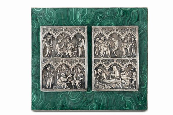 A plaque in silver and malachite with episodes from the life of Christ. Italian goldsmithry from the 20th century (apparently free of punches)