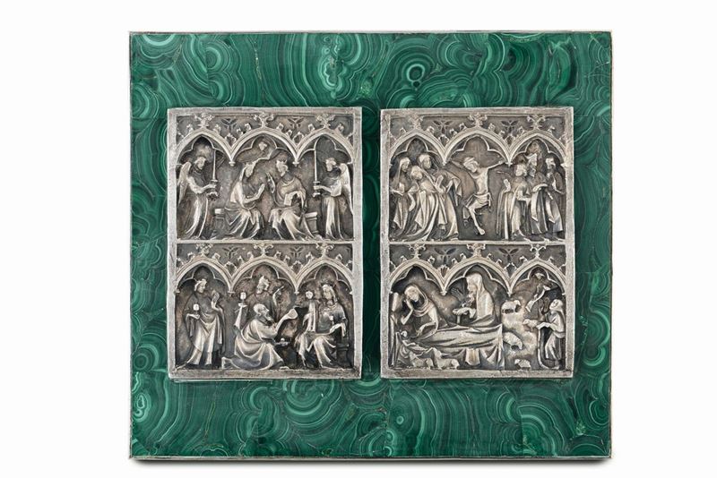 A plaque in silver and malachite with episodes from the life of Christ. Italian goldsmithry from the 20th century (apparently free of punches)  - Auction Collectors' Silvers - Cambi Casa d'Aste
