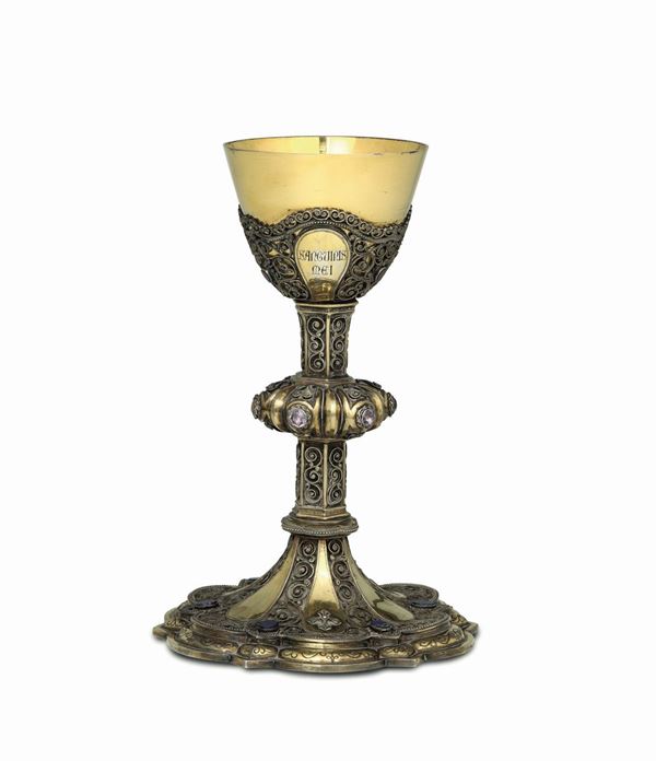 A goblet in vermeil silver, molten, embossed and chiselled, amethysts and lapis lazuli. France 19th century
