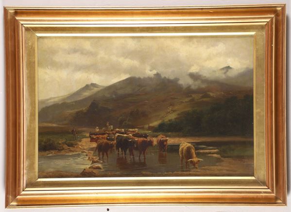 Stephen E. Hogley (attivo 1874-1893) Paesaggio montano con mucche