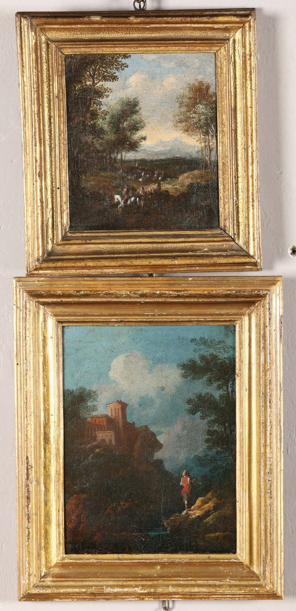 Scuola del XVIII secolo Paesaggio con uomini a cavallo Paesaggio con pescatore