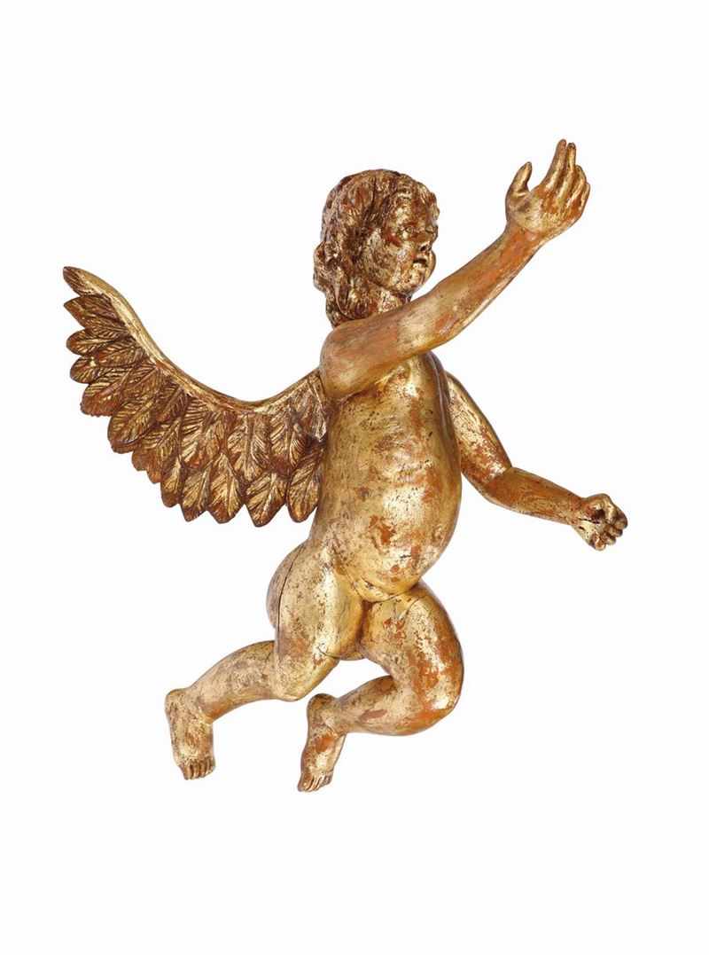 Grande putto in legno intagliato e dorato, Italia Centro Meridionale fine XVII secolo  - Asta Antiquariato - Cambi Casa d'Aste