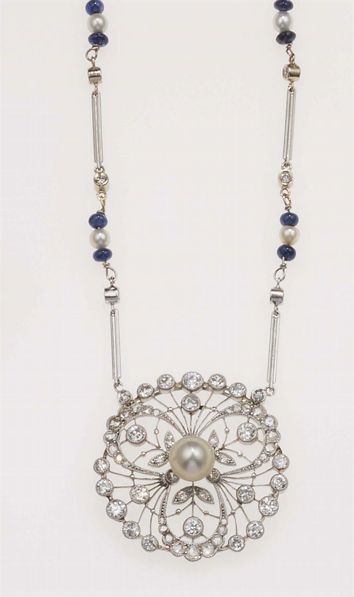 Natural pearl, diamond and sapphire pendant-necklace  - Auction Fine Jewels - Cambi Casa d'Aste