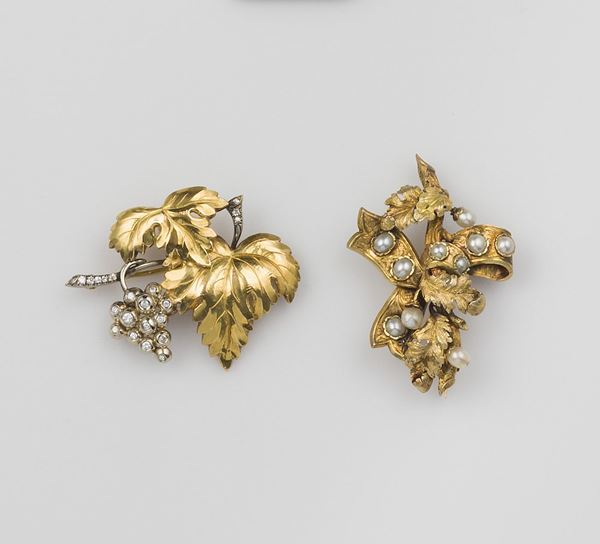 Pair of gold, diamond and pearl brooches