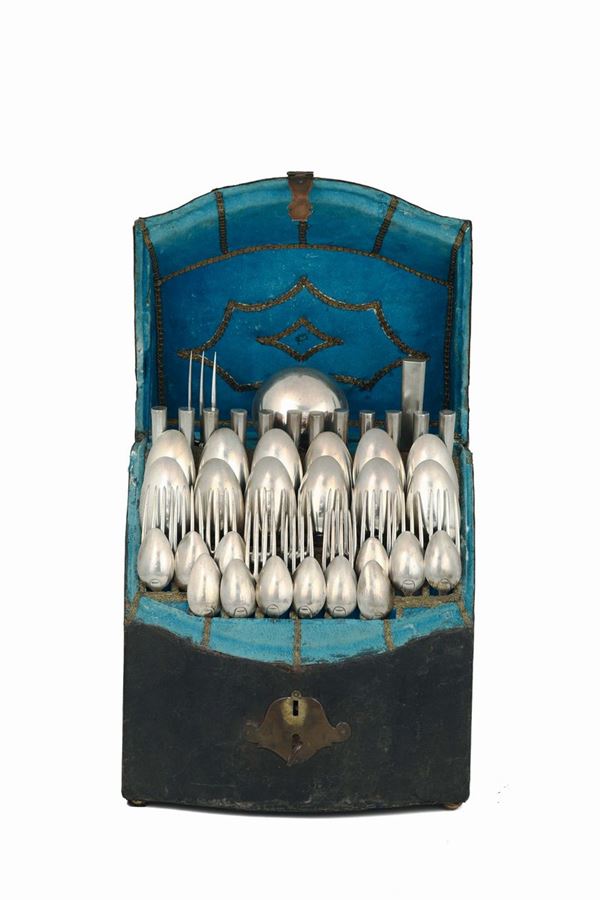 A leather box containing a set of silverware, Florence, half of the 19th century, city stamp (Marzocco)