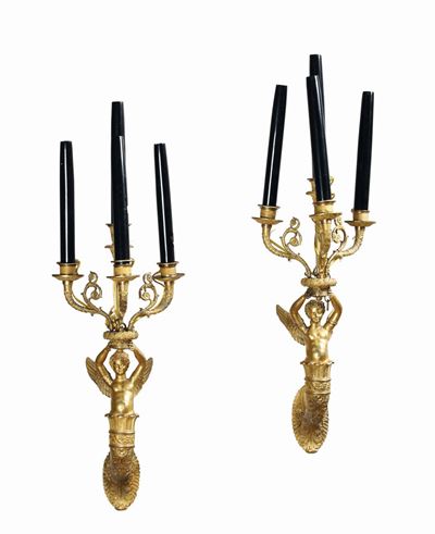 Coppia Appliques in Bronzo Dorato a Quattro Fiamme, XIX Secolo