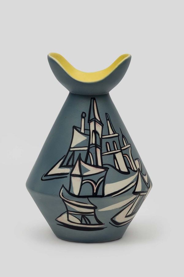 Ceramiche Campione, Italy, 1950 ca. An earthenware ceramic vase with an abstract landscape decor in polychromy