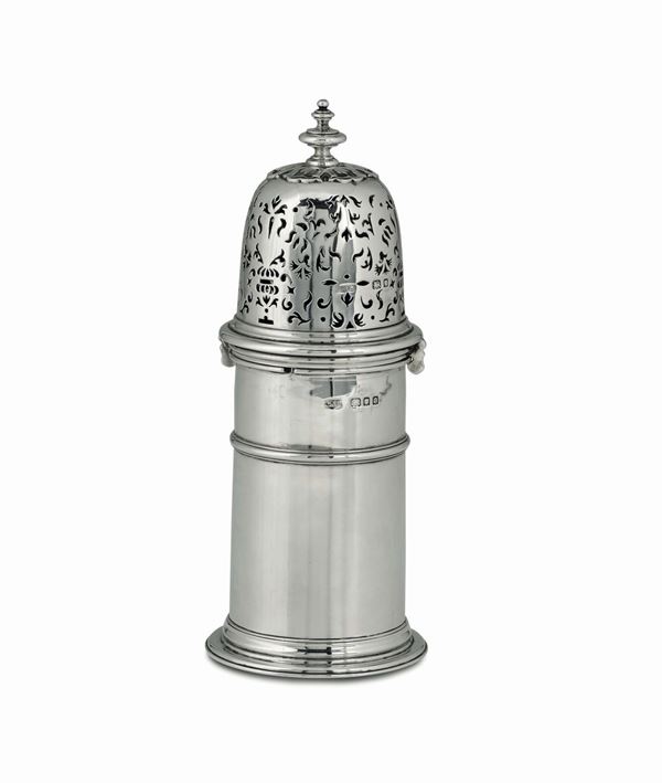 A sugar caster in molten, embossed and perforated sterling silver, London 1929