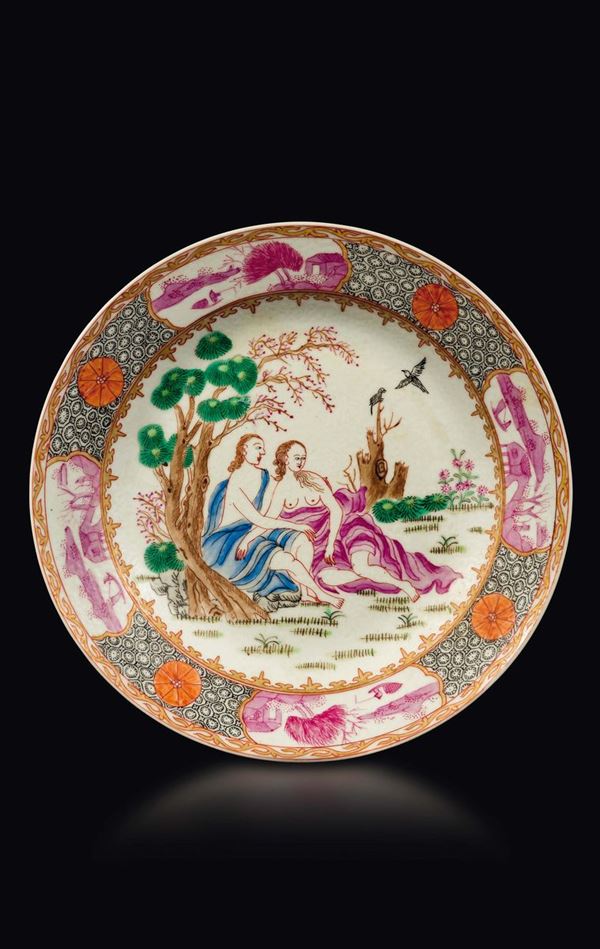 A polychrome enamelled porcelain dish with European subject, China, Qing Dynasty, 18th century