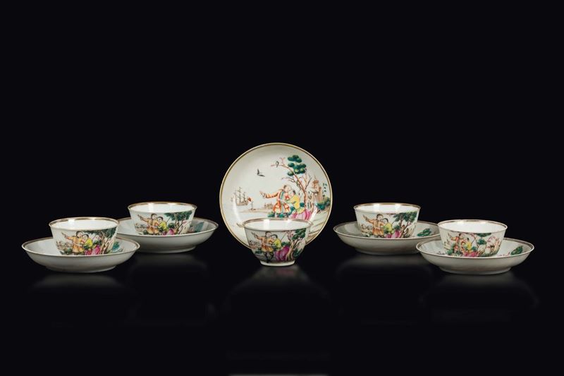 Five polychrome enamelled porcelain cups and dishes with European subject, China, Qing Dynasty, 18th century  - Auction Fine Chinese Works of Art - Cambi Casa d'Aste