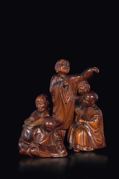 Gruppo Scolpito in Legno di Frutto con Cinque Saggi, Giappone, Epoca Meiji, XIX Secolo