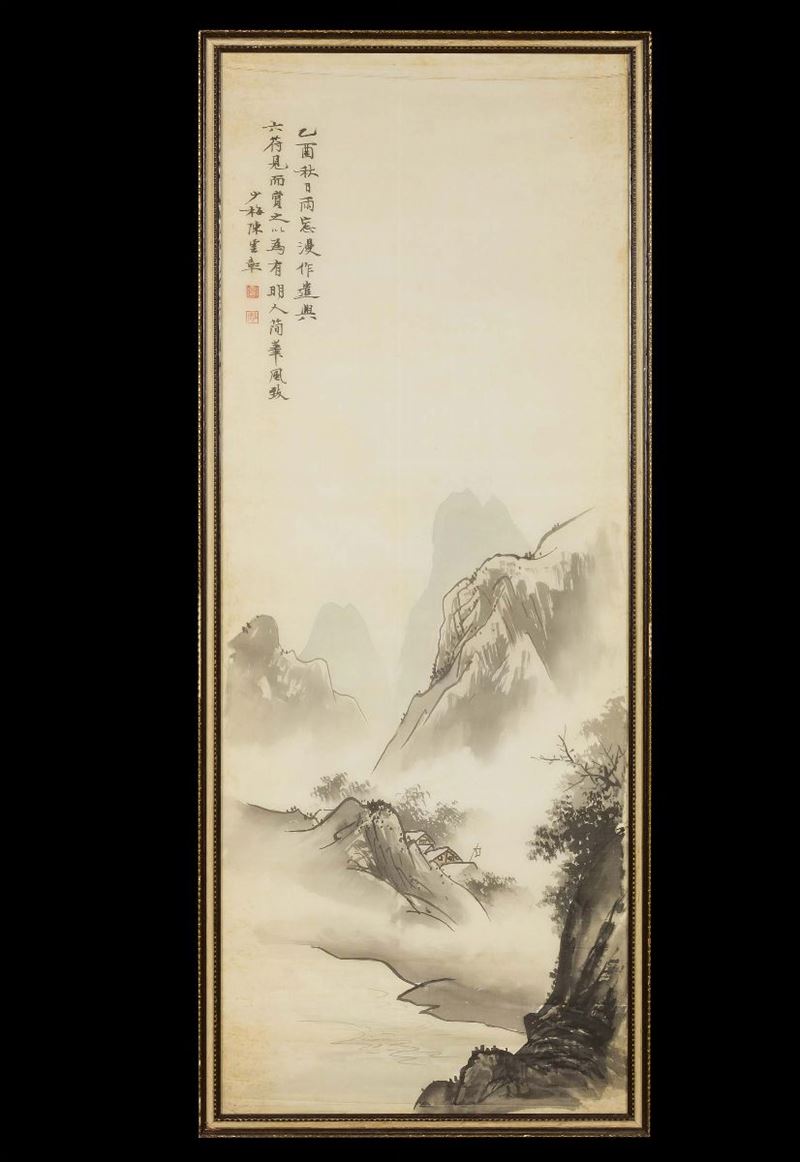 Dipinto su carta raffigurante paesaggio montano con iscrizione, Cina, Dinastia Qing, XIX secolo  - Asta Chinese Works of Art - Cambi Casa d'Aste