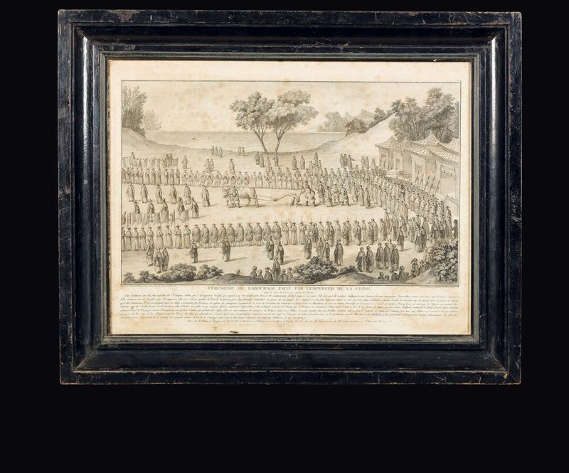 Stampa raffigurante cerimonia dei lavoratori per l'imperatore, Cina, Giuseppe Castiglione (1688-1766)  - Asta Fine Chinese Works of Art - Cambi Casa d'Aste