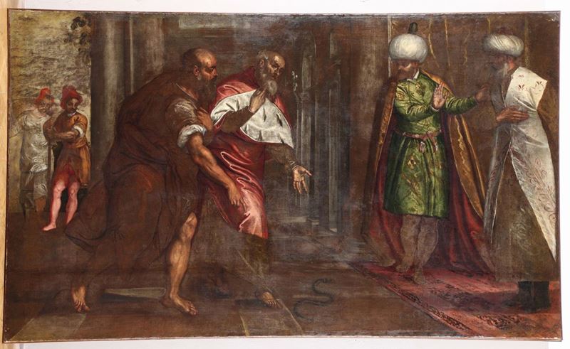 Michieli Andrea, detto Andrea Vicentino (Vicenza ca. 1542 - ca. 1618) Incontro tra dignitari veneziani e turchi  - Asta Dipinti Antichi - Cambi Casa d'Aste