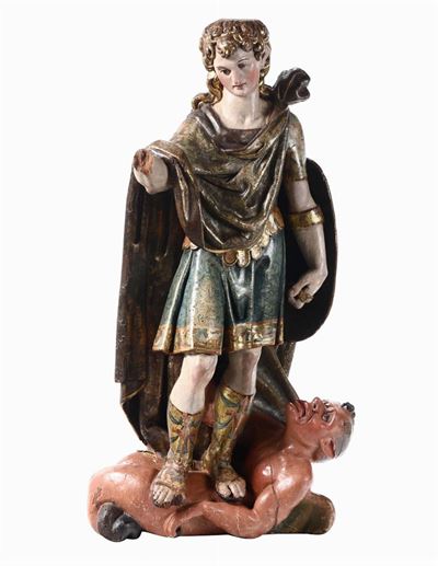 San Michele Arcangelo in Legno Policromo e Dorato. Spagna Prima Parte del XVI Secolo, Ambito di D...