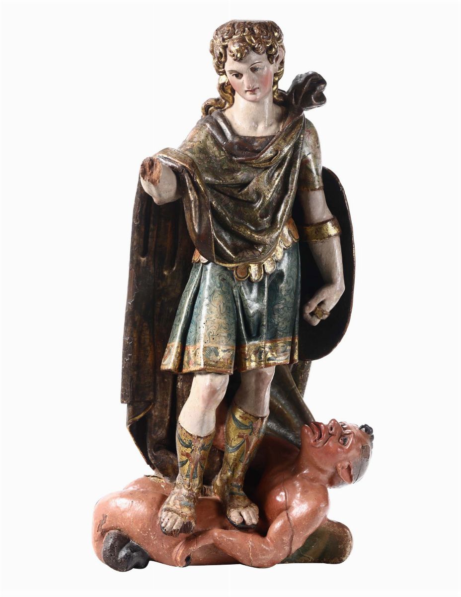 San Michele Arcangelo in Legno Policromo e Dorato. Spagna Prima Parte del XVI Secolo, Ambito di D...