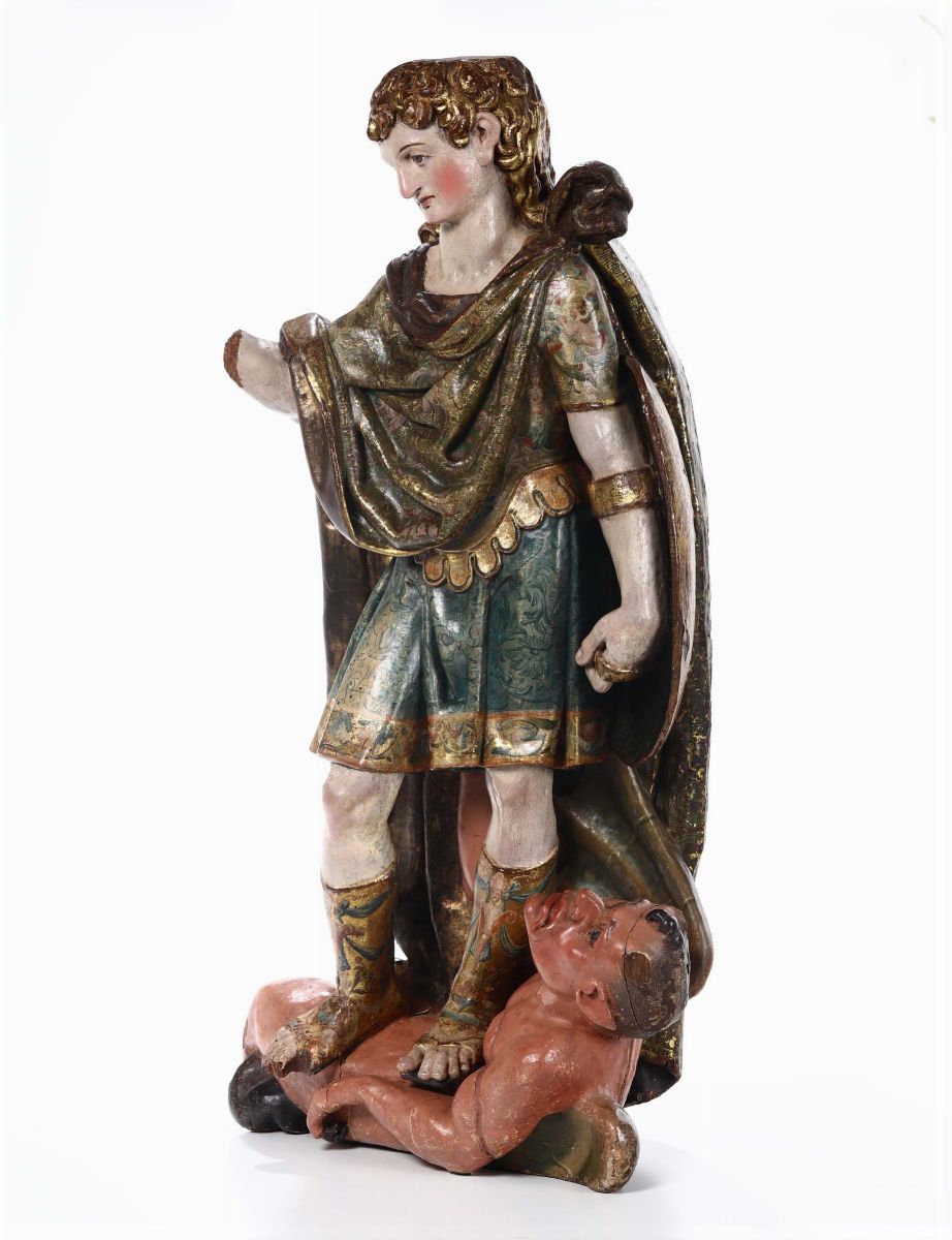 San Michele Arcangelo in Legno Policromo e Dorato. Spagna Prima Parte del XVI Secolo, Ambito di D...
