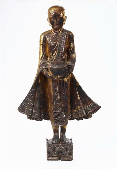 Scultura in Legno Dorato Raffigurante Bonzo, Birmania, XIX Secolo