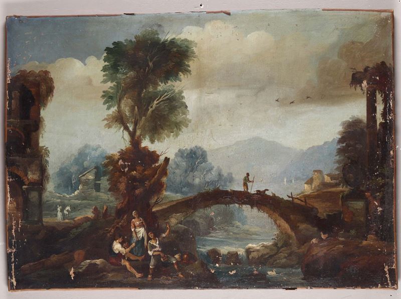 Scuola veneta del XVIII secolo Paesaggio con figure e ponte  - Asta Antiquariato - Cambi Casa d'Aste