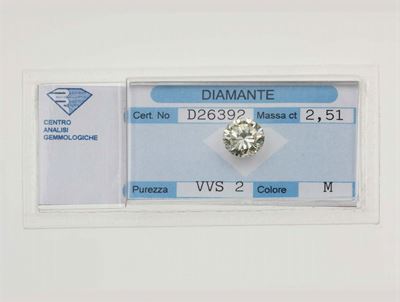 Solitaire Taglio Brillante di Ct 2,51, Colore M, Caratteristiche Interne Vvs2