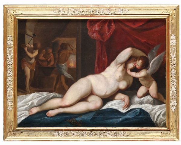Jacopo Negretti detto il Palma Giovane (1548-1628), cerchia di Venere e Amore nella fucina di Vulcano